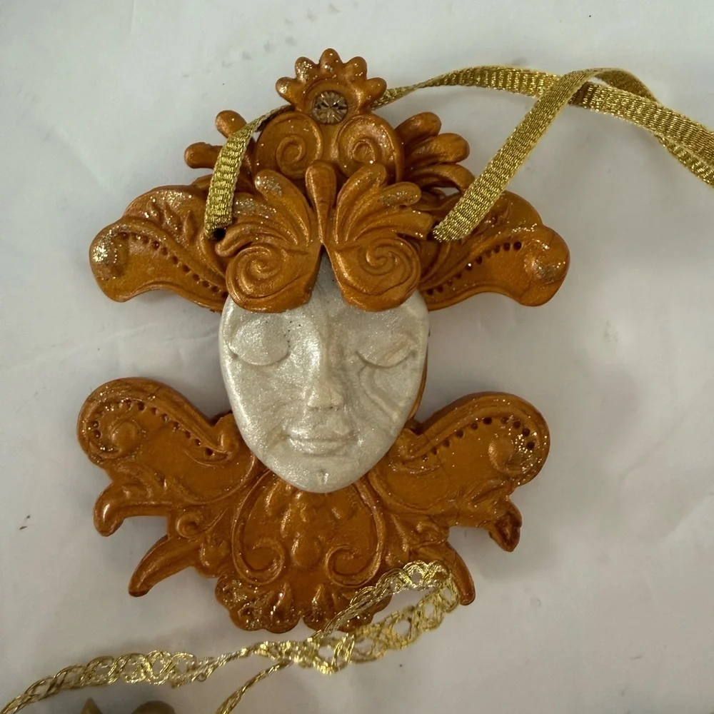 Set of 3 Polymer Hand crafted holiday Mask & faces Ornaments drama gold silver
